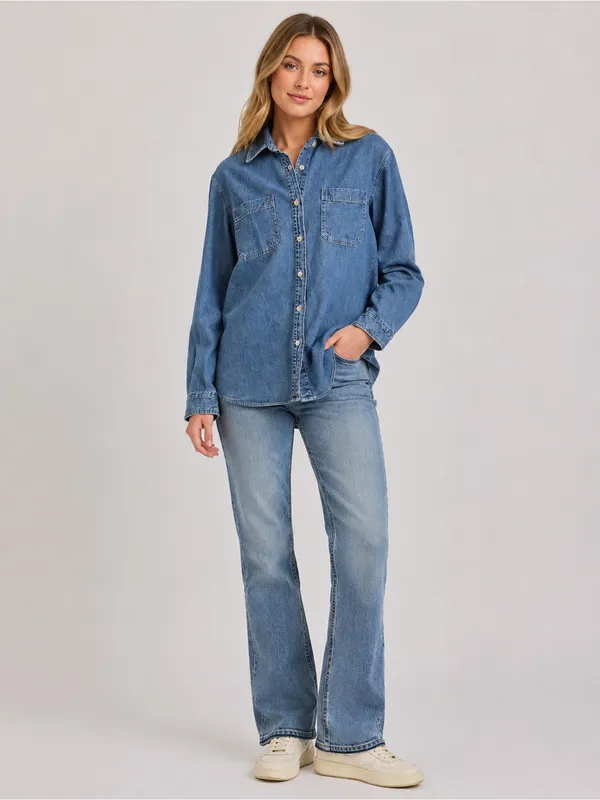 Newton Trading Co. Denim Button Front Shirt Medium Wash Chambray Size M - Image 3