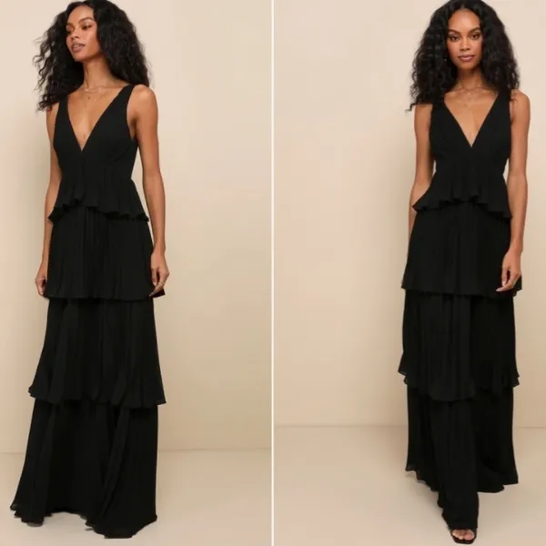 LULU's Prom Wedding Bridesmaid Pleated Tiered Ruffles Black Maxi Dress - Image 2