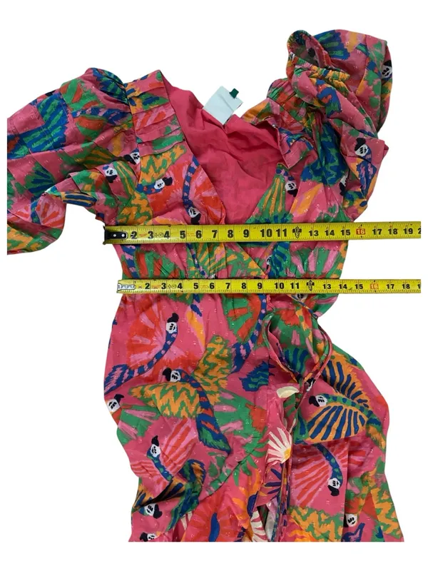 FARM Rio Coral Mixed Graphic Macaws Puff Sleeve Ruffle Hem Midi Wrap Dress XS - Image 16