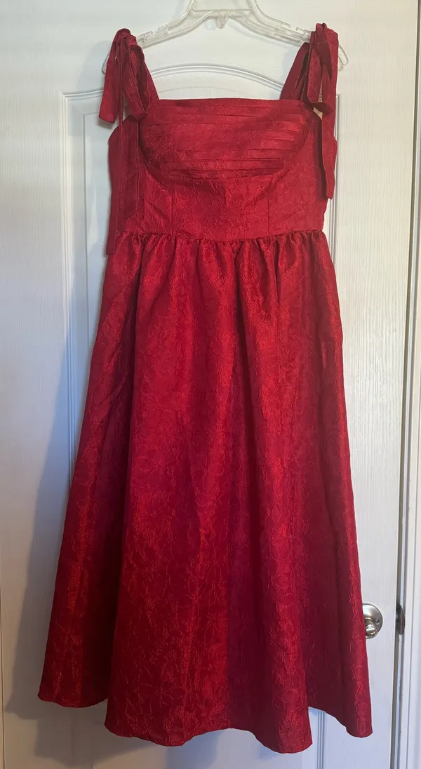 Lulus Successfully Chic Red Jacquard Pleated Tie-Strap Midi Dress - Image 3