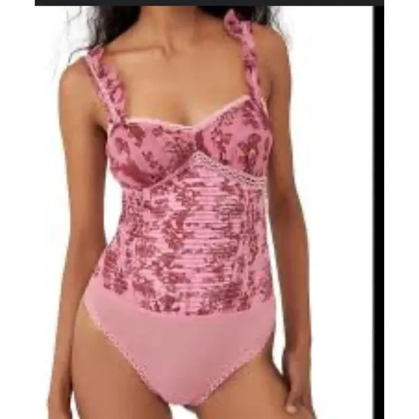 FREE PEOPLE Womens Small Weekend Plans Bodysuit In‎ Hot Pink Combo Floral New - Image 6