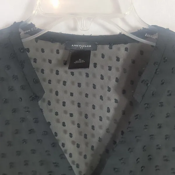 Ann Taylor Navy Blue Swiss Dot Sheer Collarless V Neck Long Sleeve Blouse Top S - Image 4