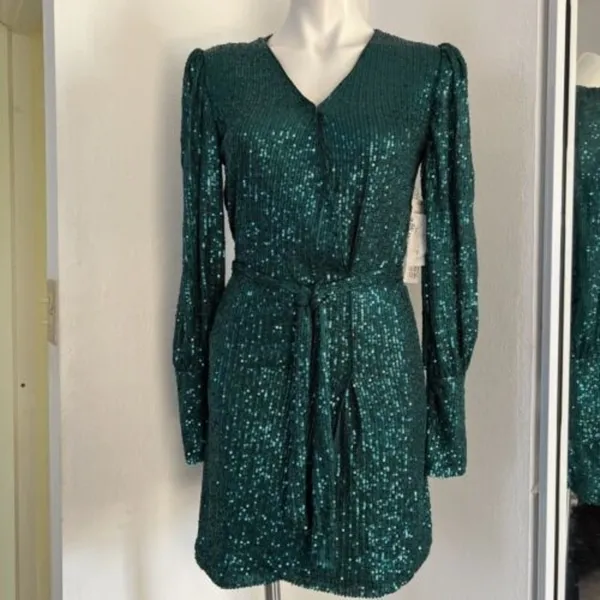 NEW AQUA Belted Sequin Dress GREEN emerald SMALL Formal Cocktail party - Image 5