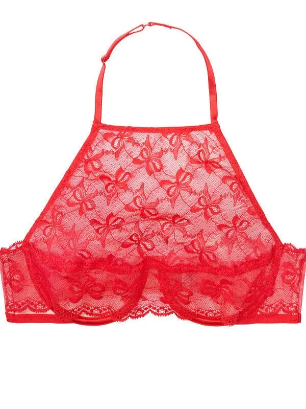 Victoria’s Secret Very Sexy Bow Lace High Neck Unlined Halter Bra – Red/Nude - Image 2