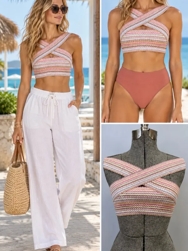 💥Hobie Crisscross Halter Bikini Top Multicolor Chevron Stripe Knit Size S💛 - Image 2