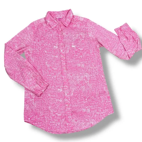Vintage Pink Victorias Secret Graffiti Print Sleep Night Shirt Pink White Medium - Image 11