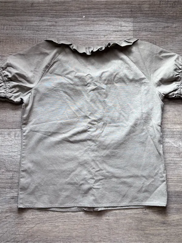 Bohme Linen Blend Ruffle Neckline Short Sleeve Button Down Top Sage Green Large - Image 6
