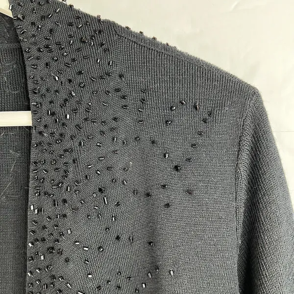 Eileen Fisher S Cardigan Black Beaded Merino Wool Open Front Italian Yarn Luxury - Image 4
