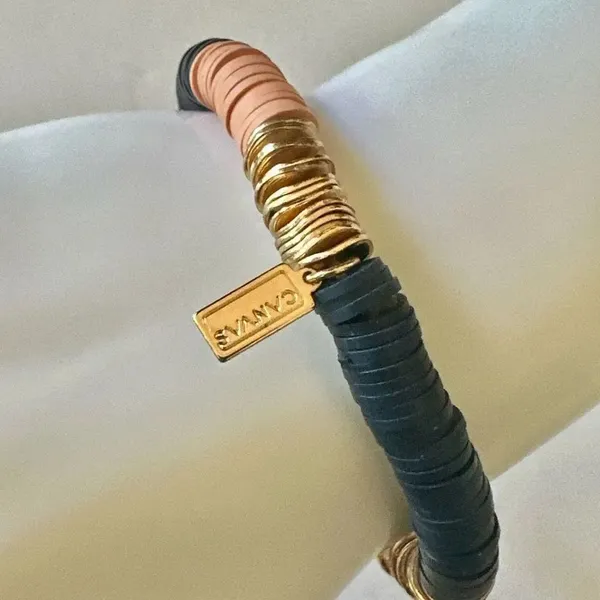 Canvas blue gold tone and peach stretchy clay disc bracelet - Image 6