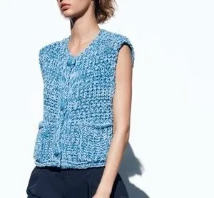 Zara Woman’s Loose Knit Blue Sweater Vest with Big Blue buttons, Sz L - Image 3