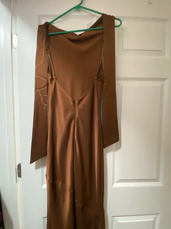 Brown Satin Maxi Open Back Coke Neck Dress - Image 4