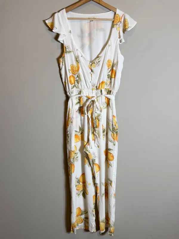 For Love & Lemons Limonada Tie-Front Jumpsuit Women's Medium White Lemon Print - Image 8
