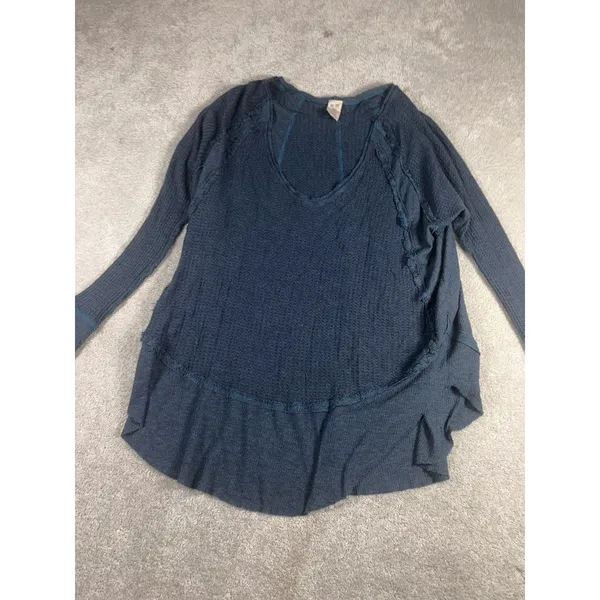 Free People Top Womens Medium Blue Catalina Thermal Waffle Knit Long Sleeve - Image 2