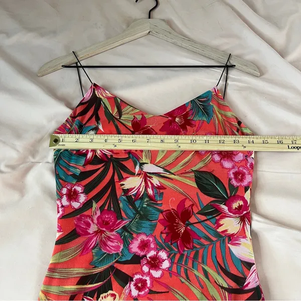 Papaya‎ Coral Green Mesh Tropical Floral Print Spaghetti Strap V-Neck Mini Dress - Image 11