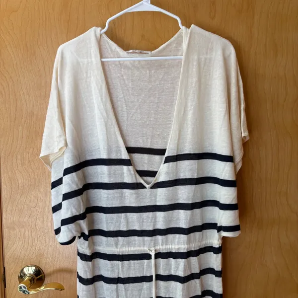 FRAME Striped Maxi Dress Womens S Cream Navy Mustard Linen Blend V-Neck Slit - Image 2