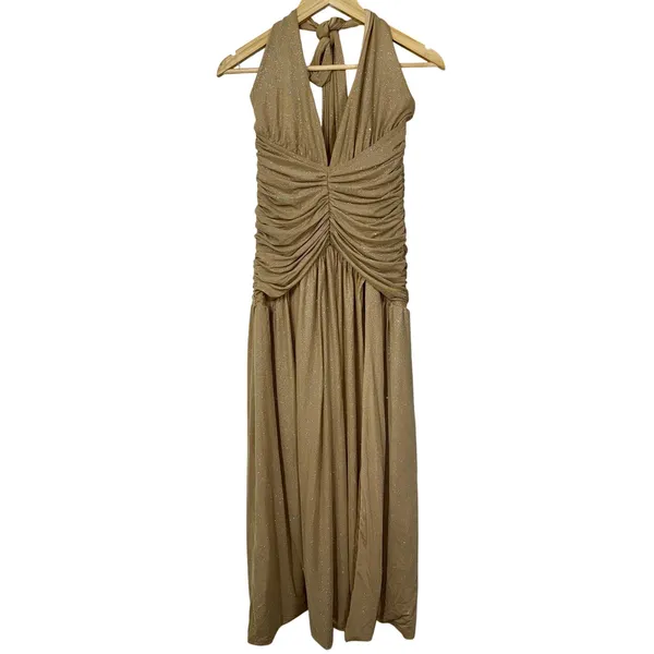 NWT Babyboo Melania Gold Sparkle Ruched Halter Plunge V-Neck Maxi Dress Size M - Image 10