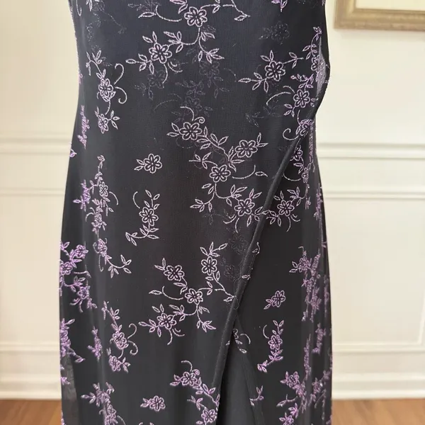 Vintage 90s Next Up Black Purple Glitter Flower Hi Lo Dress S - Image 4