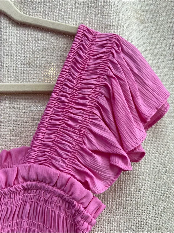 Mock Button Down Smocked Ruffle Detail Midi Dress Pink - Image 11