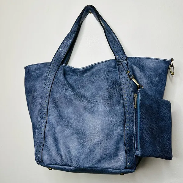 AMPERE Vegan Blue Leather The Amelie Tote Brass Hardware Coin Purse Shoulder Bag - Image 9