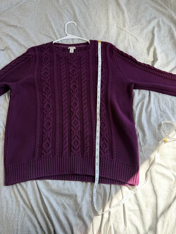 LL Bean Sweater Womens XL Purple 100% Cotton Cable Knit Crewneck Pullover Preppy - Image 8