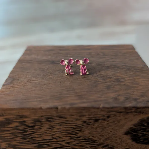 Vintage Stud Earrings Pink & Gold Tone Mouse - Very Small & Dainty - Image 4