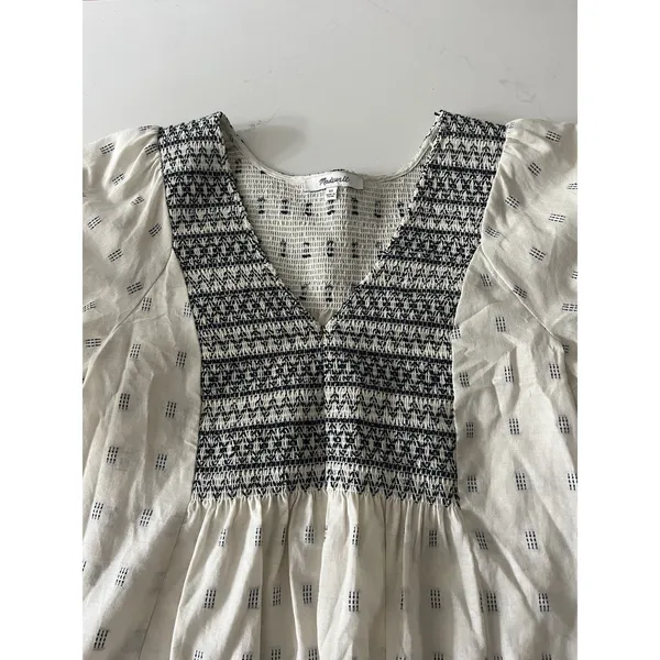 Madewell Embroidered Smocked V Neck Puff Sleeve Peasant Top Cream Navy XS - Image 4