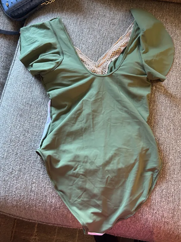 “B” Olive Green One-Piece Swimsuit w/ Crochet V-Neck & Flutter Sleeves | M (New) - Image 15