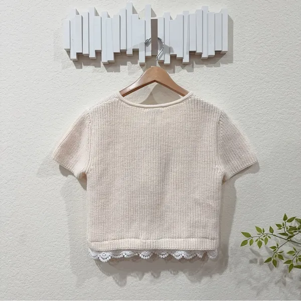 Jacquie The Label Cream Short Sleeve Knit Cardigan Star Buttons Lace Trim Top - Image 5