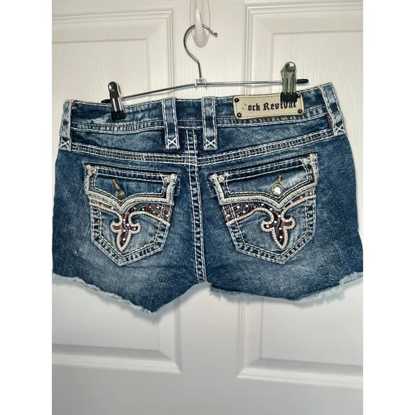 Rock Revival Bambi Low Rise Denim Shorts Size 29 Embellished Fleur‎ de Lis Y2K - Image 2