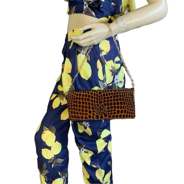Antonio Melani Faux Brown Patent Leather Crocodile Embossed Clutch/Shoulder Bag - Image 4