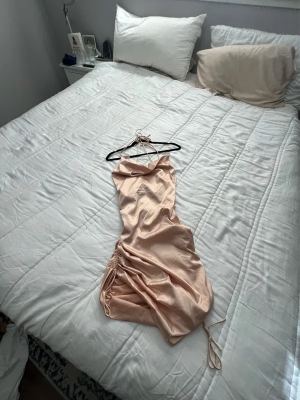Leau Cabo gold satin adjustable strappy rouched mini dress M NWT - Image 13