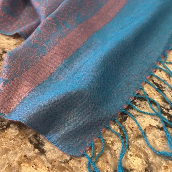 Jacquard Paisley Silk Pashmina Pink Teal Blue Fringe Wrap Shawl - Image 4