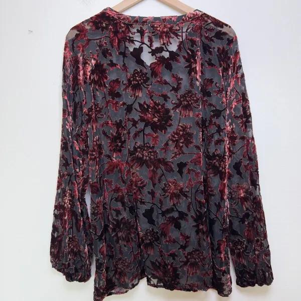 Shyanne Women Velvet Burnout Blouse Top XL Burgundy Floral Paisley Lace Up Sheer - Image 12