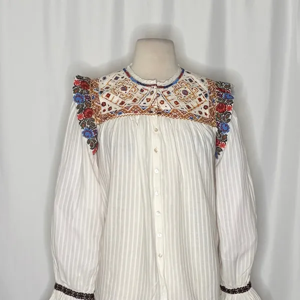 ANTIK BATIK Bernadette Embroidered Cotton Blouse White Boho Bohemian Small 38 - Image 3