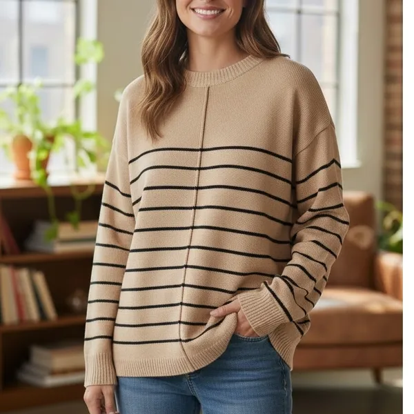 NWT ~ Women's Tan & Black Striped Crew Neck Casual Sweater ~ Size MEDIUM - Image 2