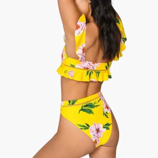 Tobi Yellow Floral Ruffle Bikini Set Women’s Small Tie Front High Cut Boho Pool - Image 2