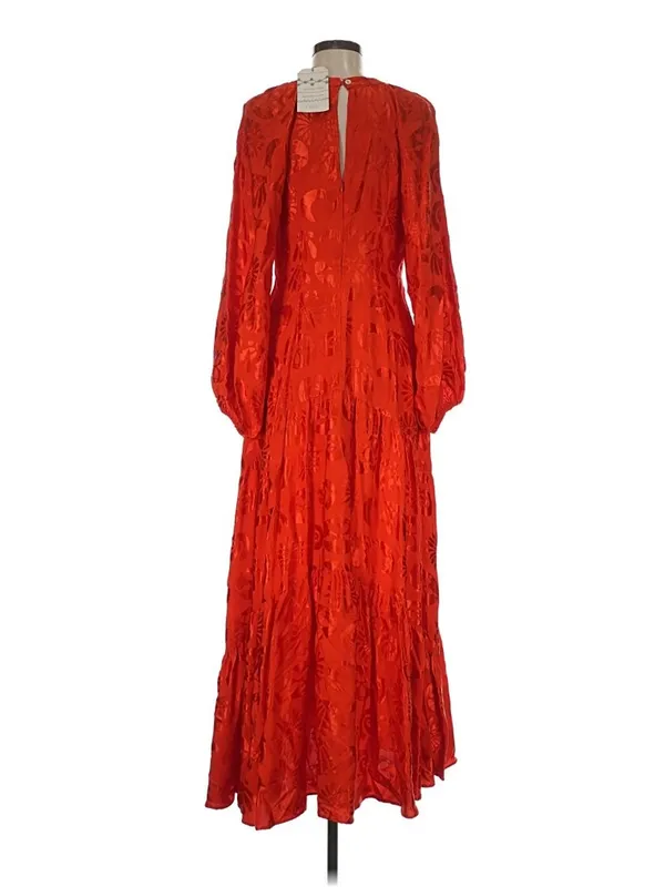NWT Anthropologie x FARM Rio Red Satin Long-Sleeve V-Neck Jacquard Maxi Dress M - Image 5
