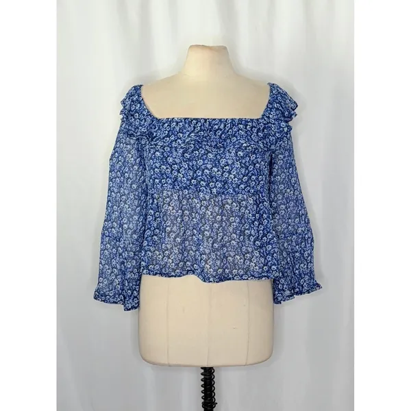 Anthropologie MAEVE Square Neck Sheer Babydoll Top Blue White Floral Large‎ - Image 2