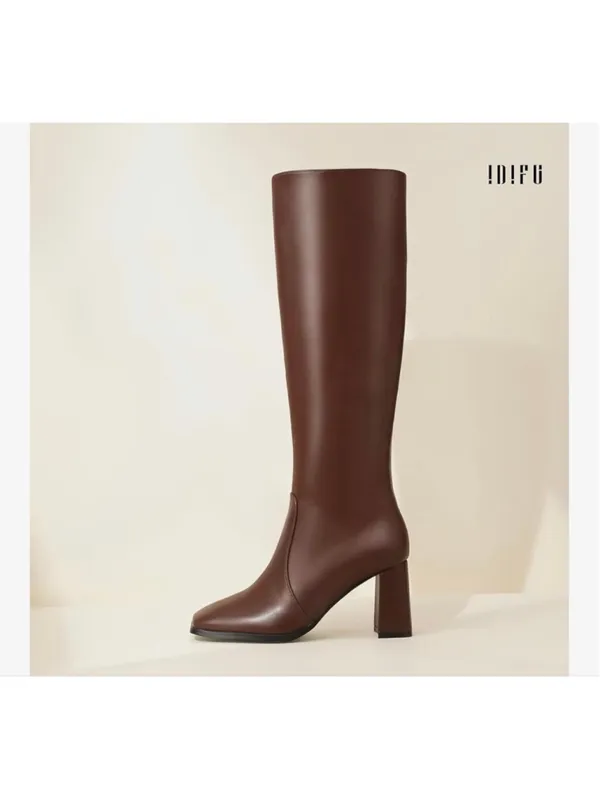 NEW Brown Vegan Leather Knee High Boots Square Toe Chunky 3” Heel Tall 10 - Image 10