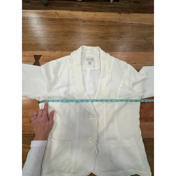 Kim Rogers Petite Linen Skirt Set White Ruffle Blazer & Midi Skirt Size PL Coast - Image 15