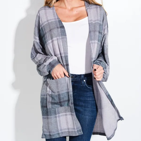 Homestead Plaid Rustic Green Relaxed Open Cardi Cuff Sleeve Duster Shacket - Image 2