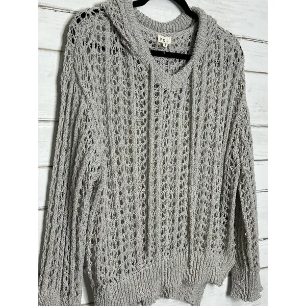 POL Open Knit Hooded Sweater Small Gray Boho Crochet Lightweight Top - Image 7