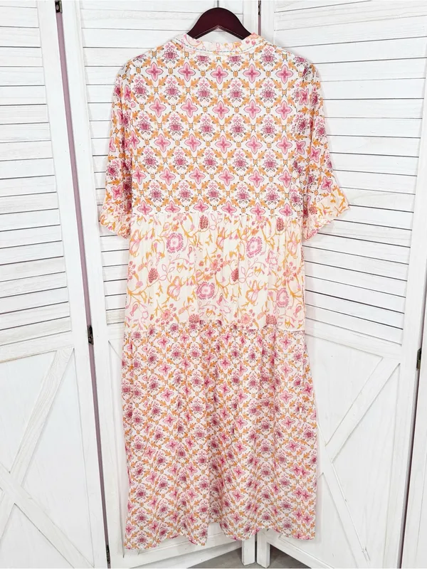 Dolma Kelly Floral Boho Tiered Midi Dress Pink Orange Large Cotton Mosaic - Image 9