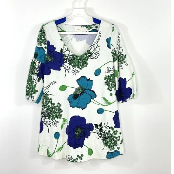 Anthropologie Deletta Haru Size Medium Floral Tunic Top Blue Green Puff Sleeve - Image 4