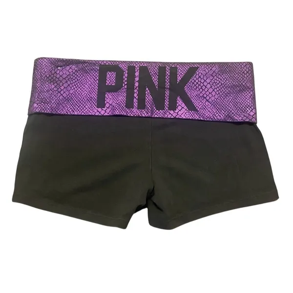 VS PINK Yoga Shorts Foldover Black Purple Snake Animal Print Y2K Vtg Size‎ M - Image 2