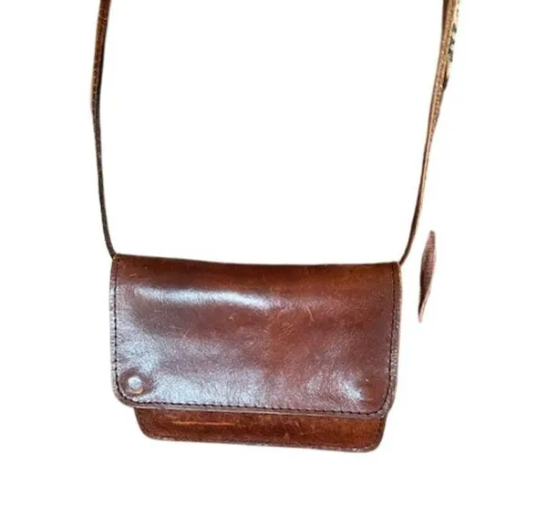 Vintage Brown Leather Crossbody Purse Minimalist Bag w/ Zipper & Snap Closure - Image 2
