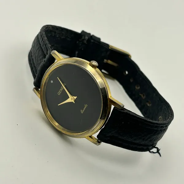 Geneva Gold-tone Black Dial & Leather Strap Minimalist Watch Working - Image 4
