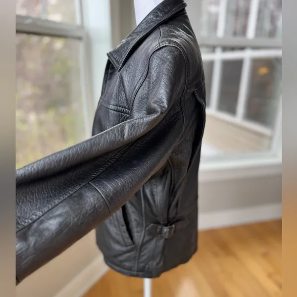 Vintage Rainforest Black Leather Jacket Quilted Lining Buckle Details Medium - Image 3
