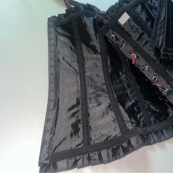 Burlesque Corset Black Satin Lace Up Ribbed Ruffle Fairy - Image 8