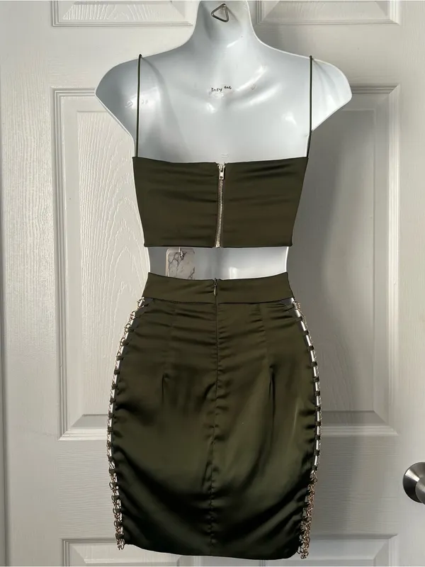 Olive Green Satin Lace-Up Side-Chain Mini Skirt - Image 3